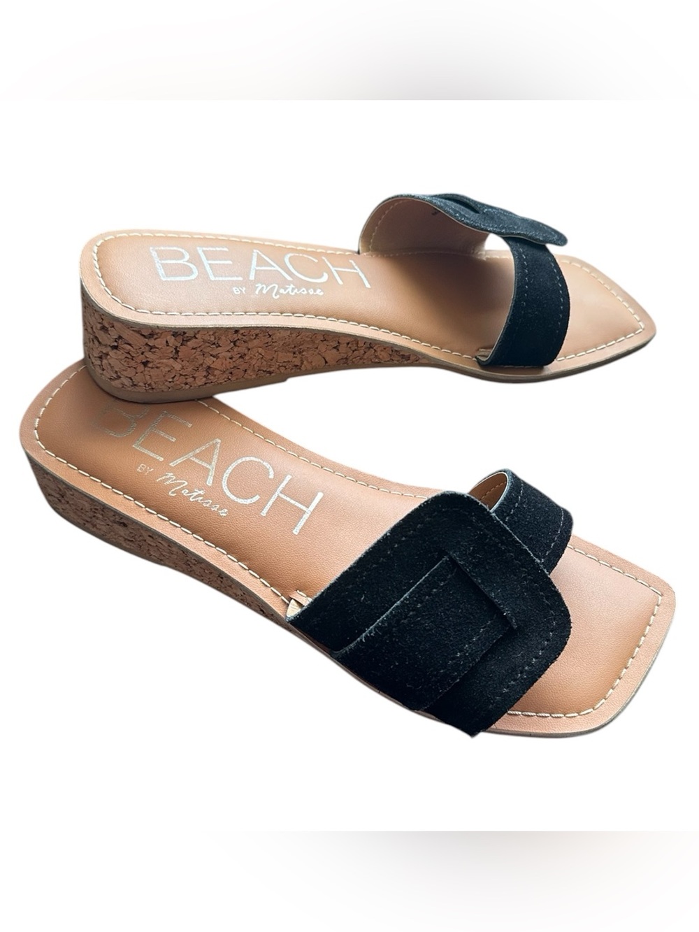 Matisse Beach Baja black brown suede leather wedge square toe slides sandals 8